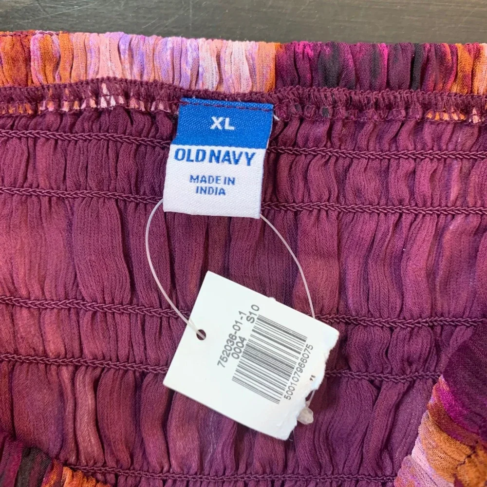 Old Navy Womens XL Purple Smocked Sheer Tie Dye Puff Sleeve‎ Square Neck Top